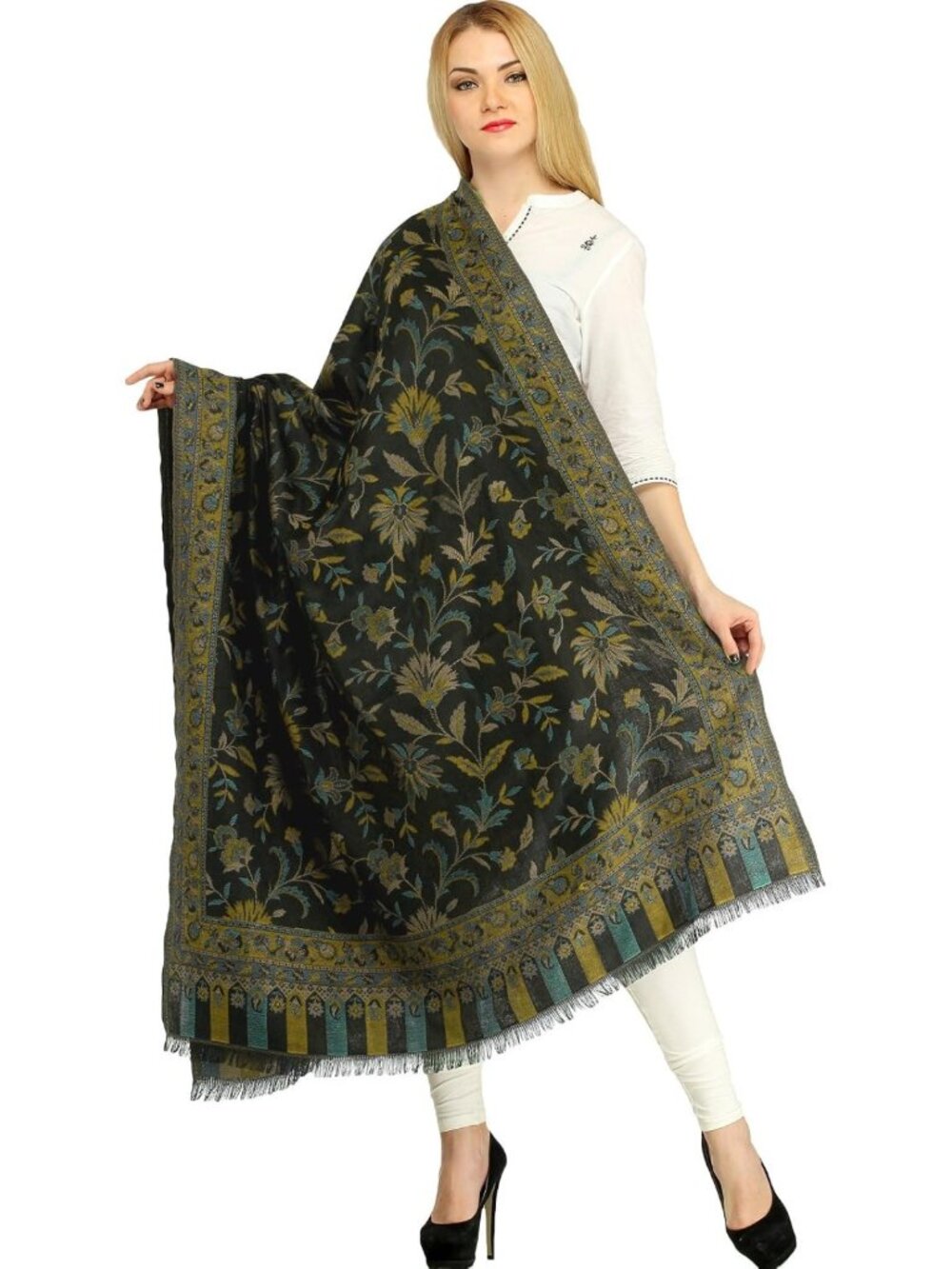 Reversible Jamawar Wool Shawl with Floral Design | Ethnic Wrap for All Occasions